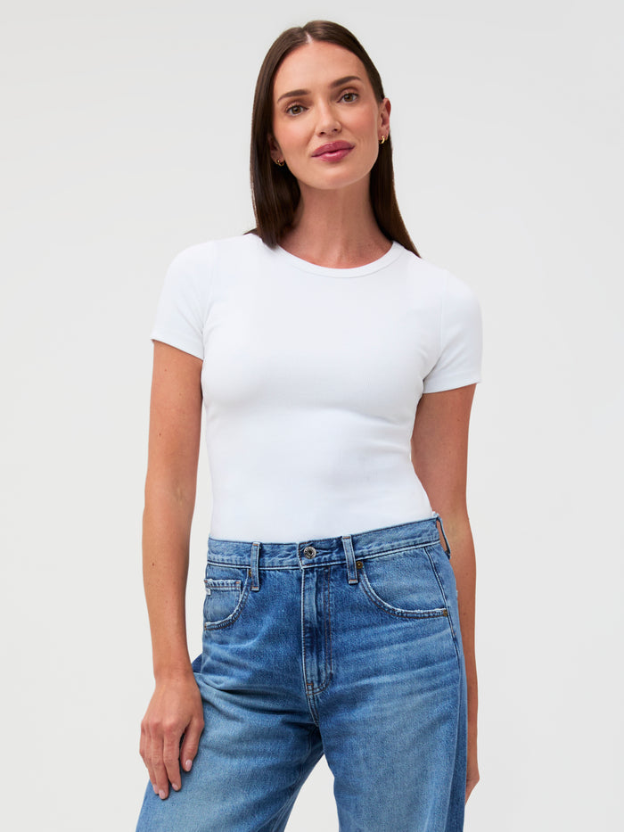 Julia wears an XS # Model Wears XS in White Ribbed Crew Tee