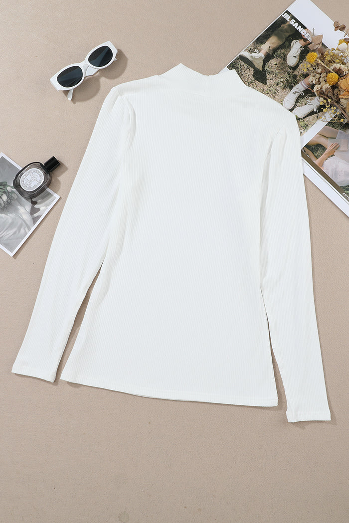 White Ribbed Knit High Neck Long Sleeve Top