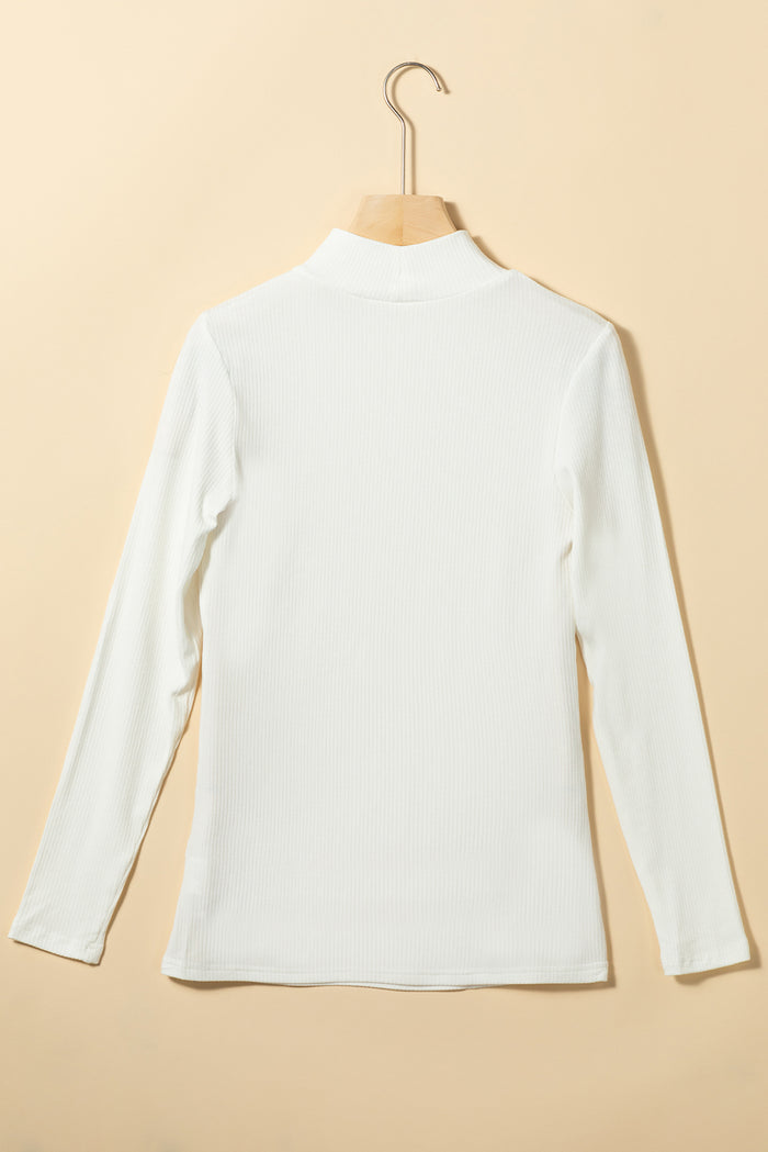 White Ribbed Knit High Neck Long Sleeve Top