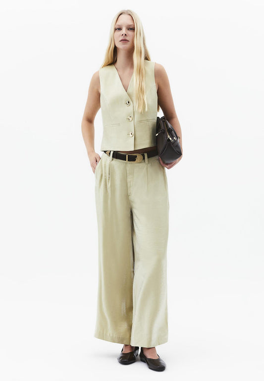 Wide Leg Trousers With Belt Detail - SAGE GREEN