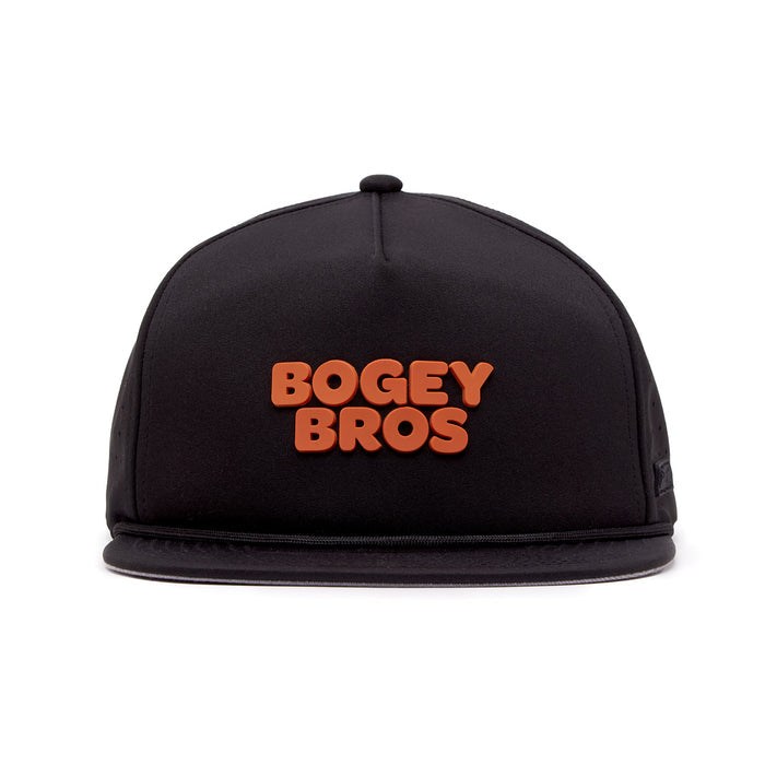 The Wingin' It Unstructured Flat Bill Snapback Hat features a black design with “BOGEY BROS” in large, raised orange letters on the front. This adjustable cap has an unstructured crown and is pictured on a plain white background.
