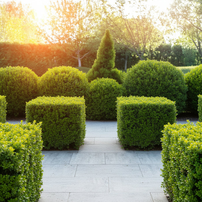 Winter Green Boxwood Shrub Neatly trimmed bushes in a garden with sunlight filtering through trees