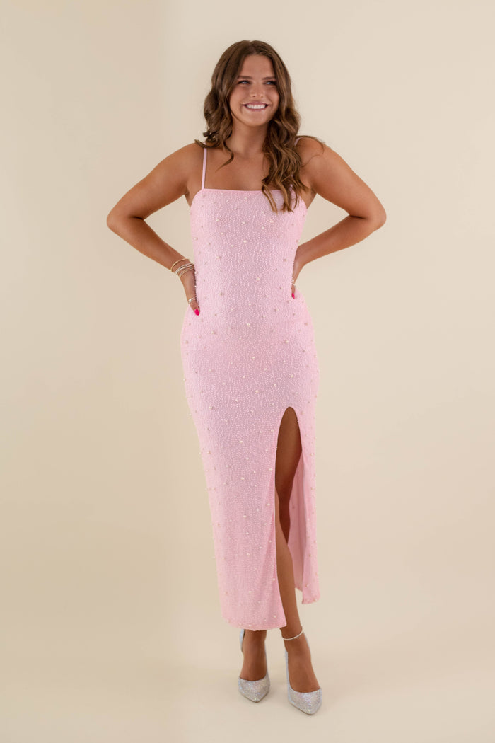 Pearl Mesh Midi Dress- Pearl Bodycon Dress- Long Blush Pink Dress