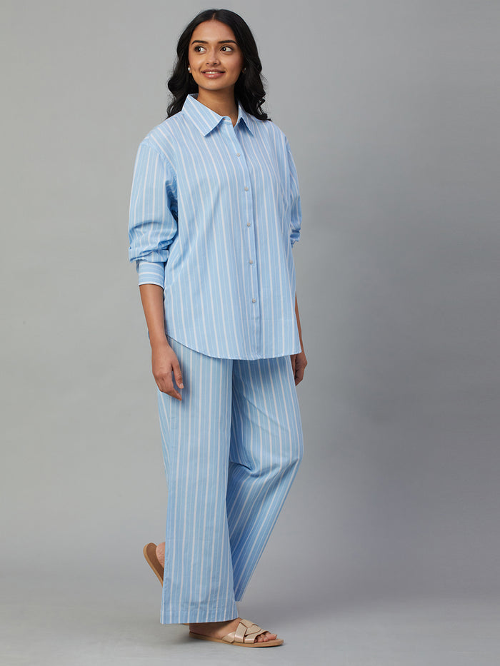 Women's 100% Cotton Boxy Fit Pyjama Suit Blue