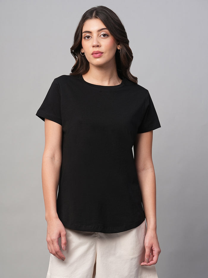 Women's 100% Cotton Curved Hem T Shirt Black