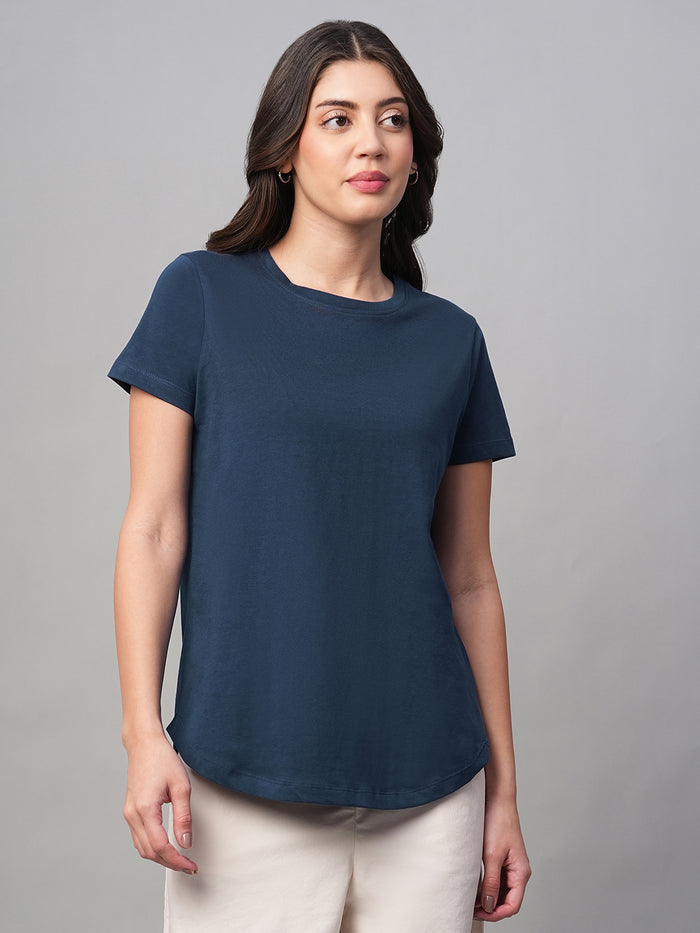 Women's 100% Cotton Curved Hem T Shirt Blue