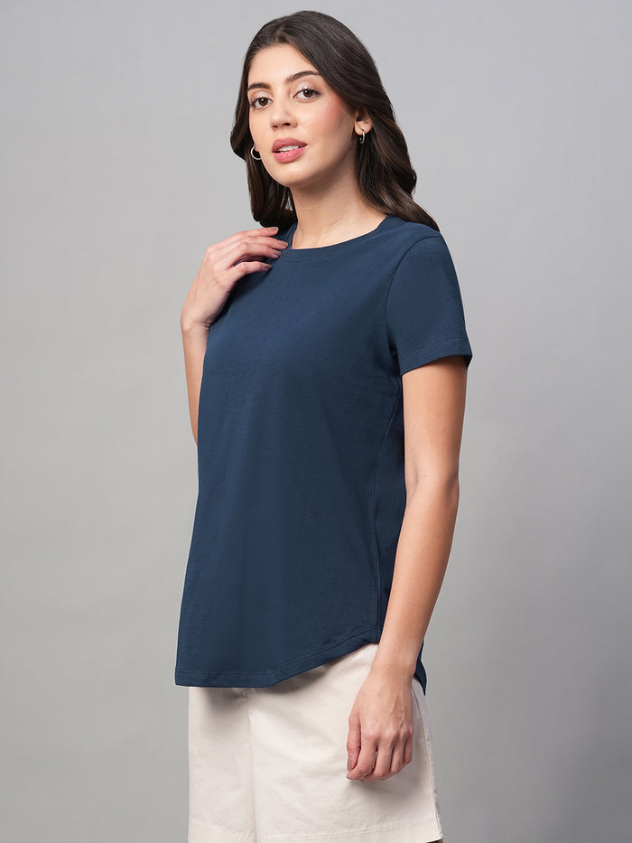 Women's 100% Cotton Curved Hem T Shirt Blue