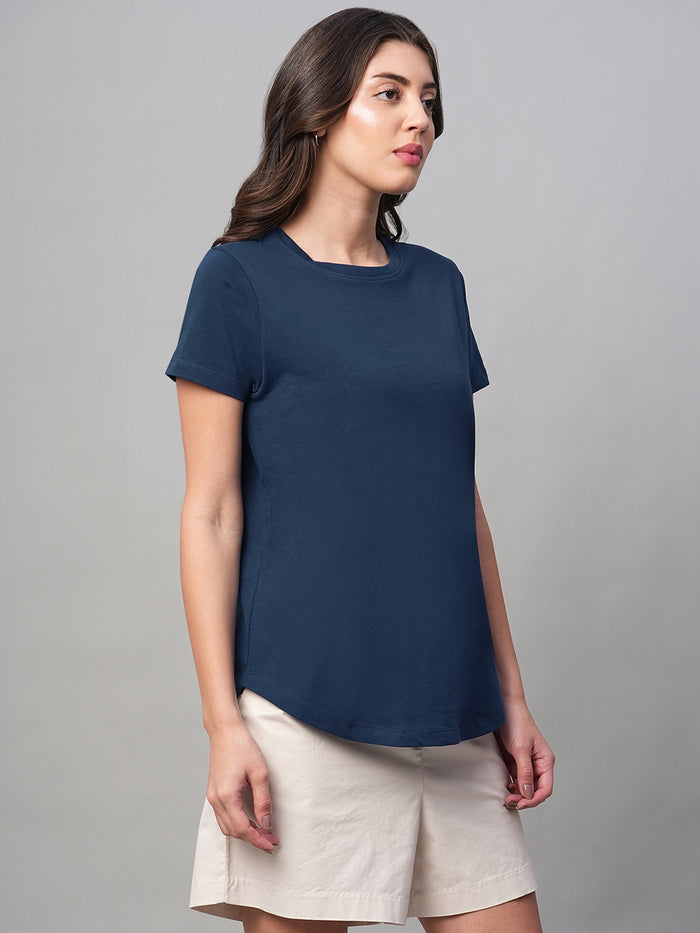 Women's 100% Cotton Curved Hem T Shirt Blue