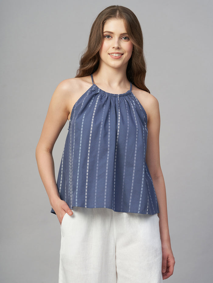 Women's 100% Cotton Stripe Halter Blouse Blue