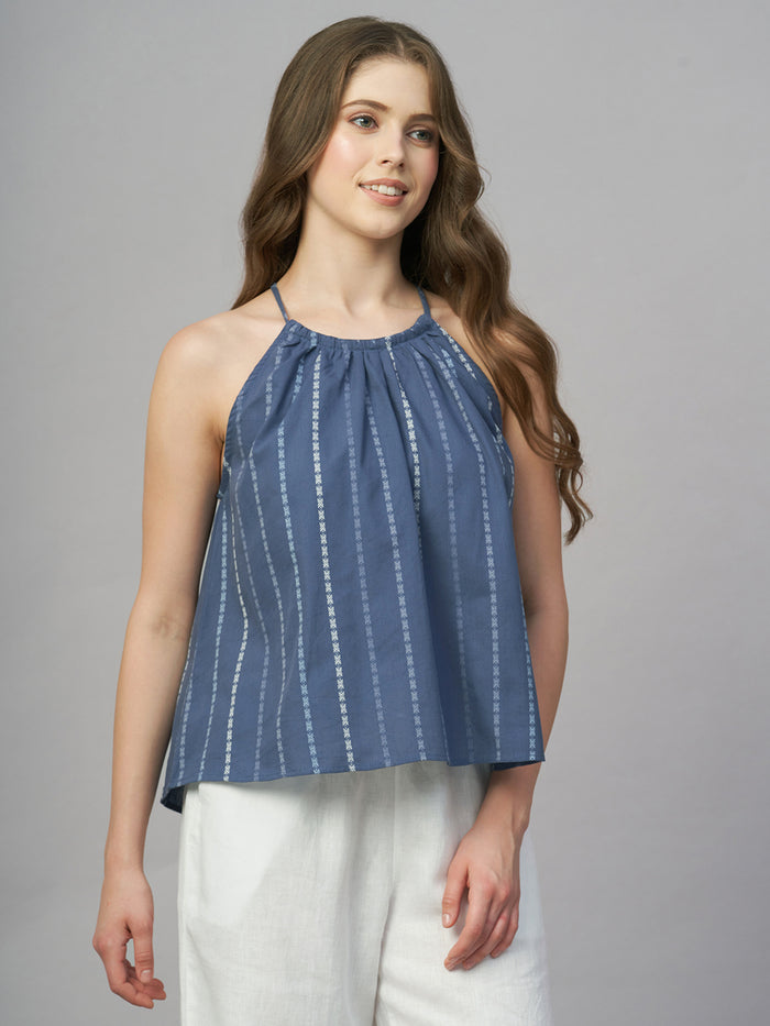 Women's 100% Cotton Stripe Halter Blouse Blue