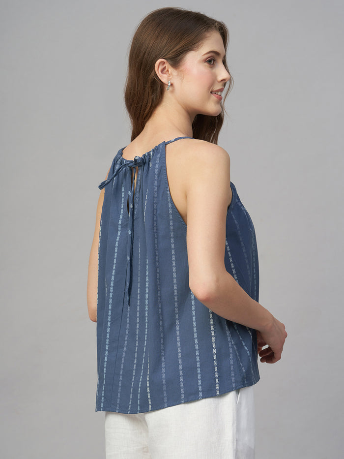 Women's 100% Cotton Stripe Halter Blouse Blue