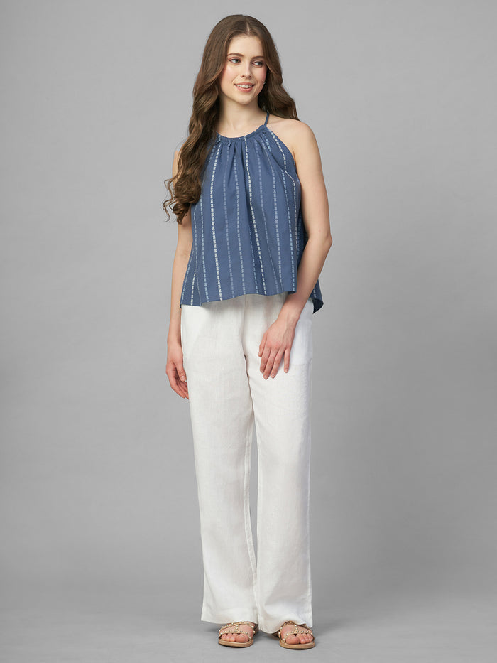 Women's 100% Cotton Stripe Halter Blouse Blue