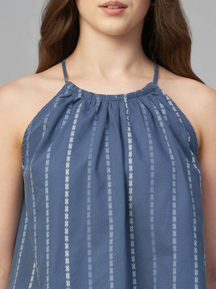 Women's 100% Cotton Stripe Halter Blouse Blue