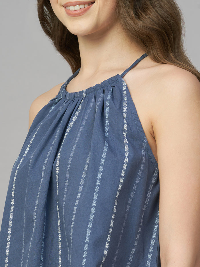 Women's 100% Cotton Stripe Halter Blouse Blue