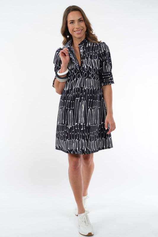 Women's Black & White Scribble Ruffle Neck Dress Knee Length - "Dai"