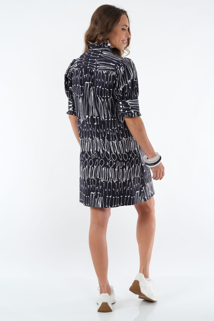 Women's Black & White Scribble Ruffle Neck Dress Knee Length - "Dai"