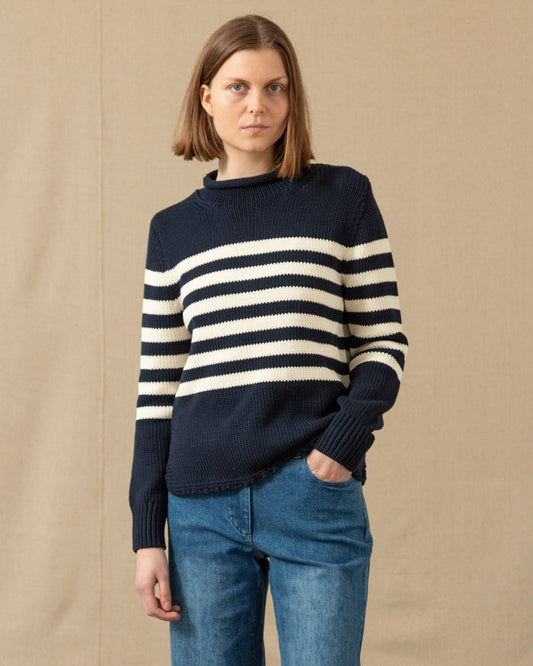 Women's Breton Stripe Fisherman's Sweater in Navy/Egret