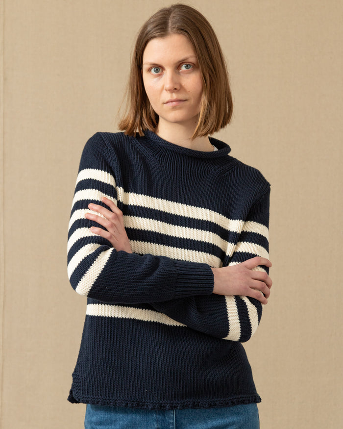 Women's Breton Stripe Fisherman's Sweater in Navy/Egret