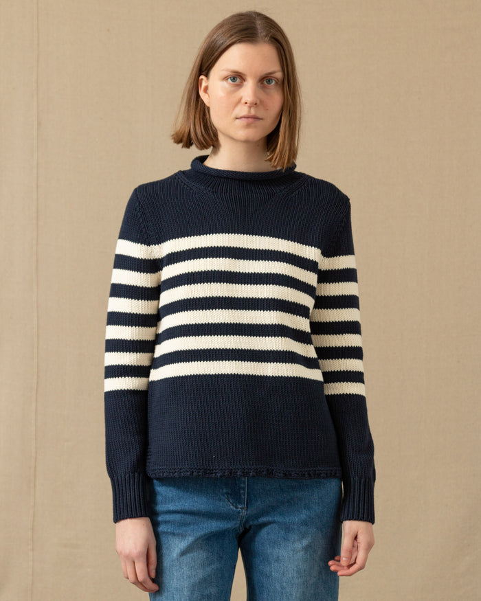 Women's Breton Stripe Fisherman's Sweater in Navy/Egret