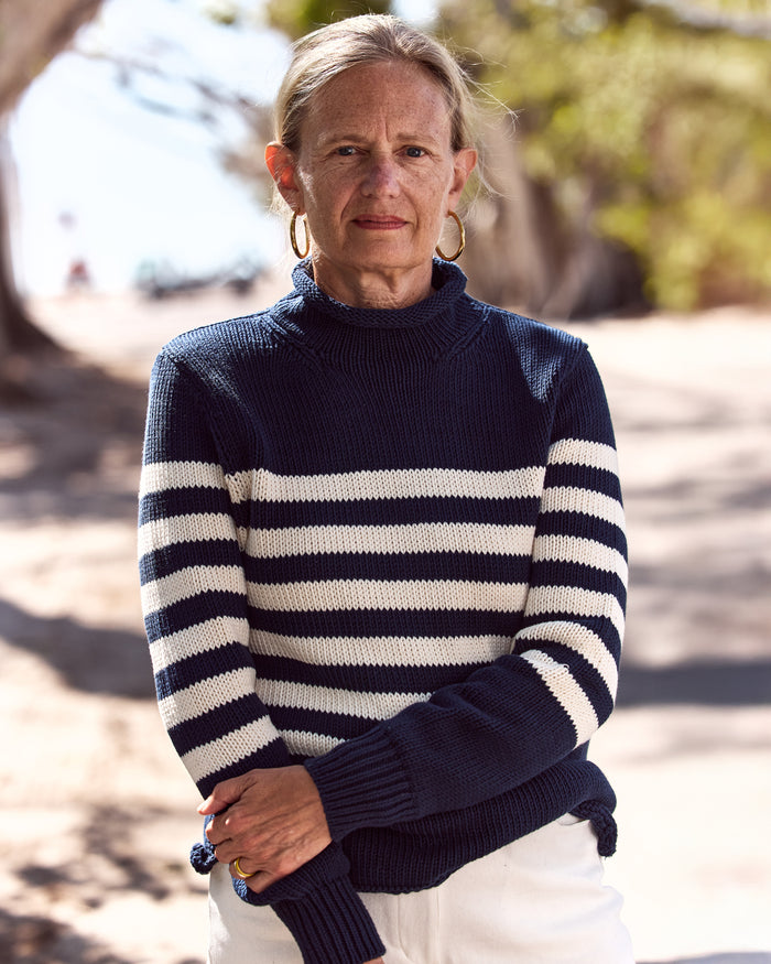 Women's Breton Stripe Fisherman's Sweater in Navy/Egret