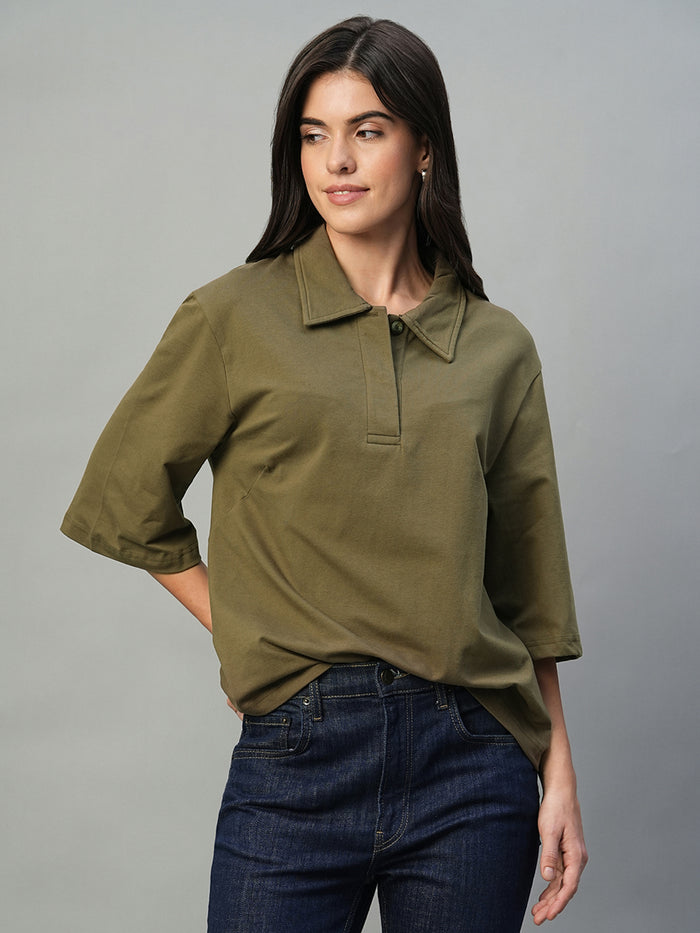 Women's Brown Cotton Elastane Regular Fit Tshirt Dark