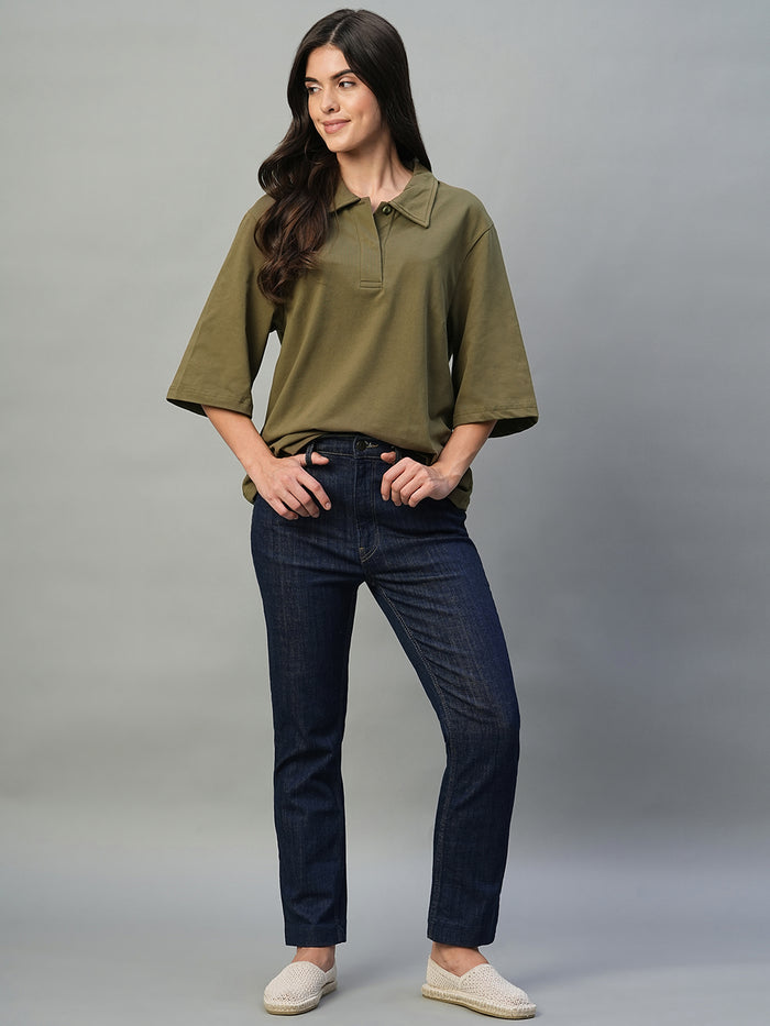 Women's Brown Cotton Elastane Regular Fit Tshirt Dark
