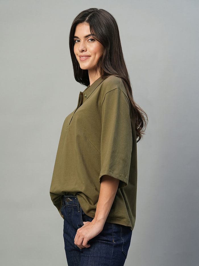 Women's Brown Cotton Elastane Regular Fit Tshirt Dark