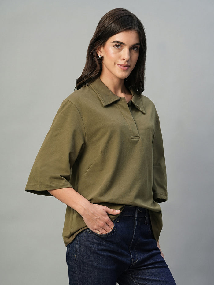 Women's Brown Cotton Elastane Regular Fit Tshirt Dark