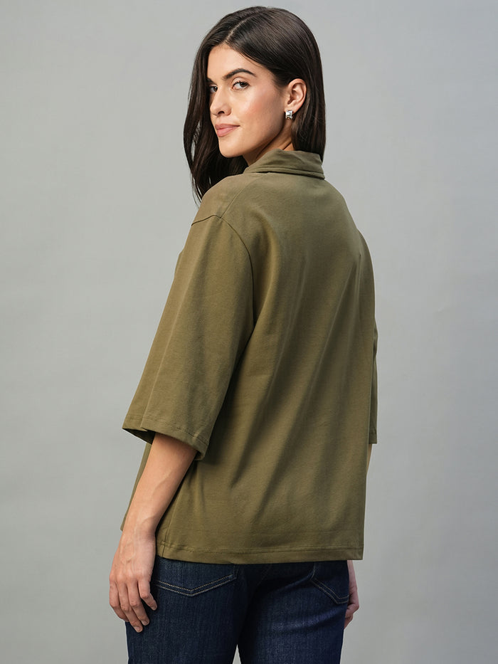 Women's Brown Cotton Elastane Regular Fit Tshirt Dark