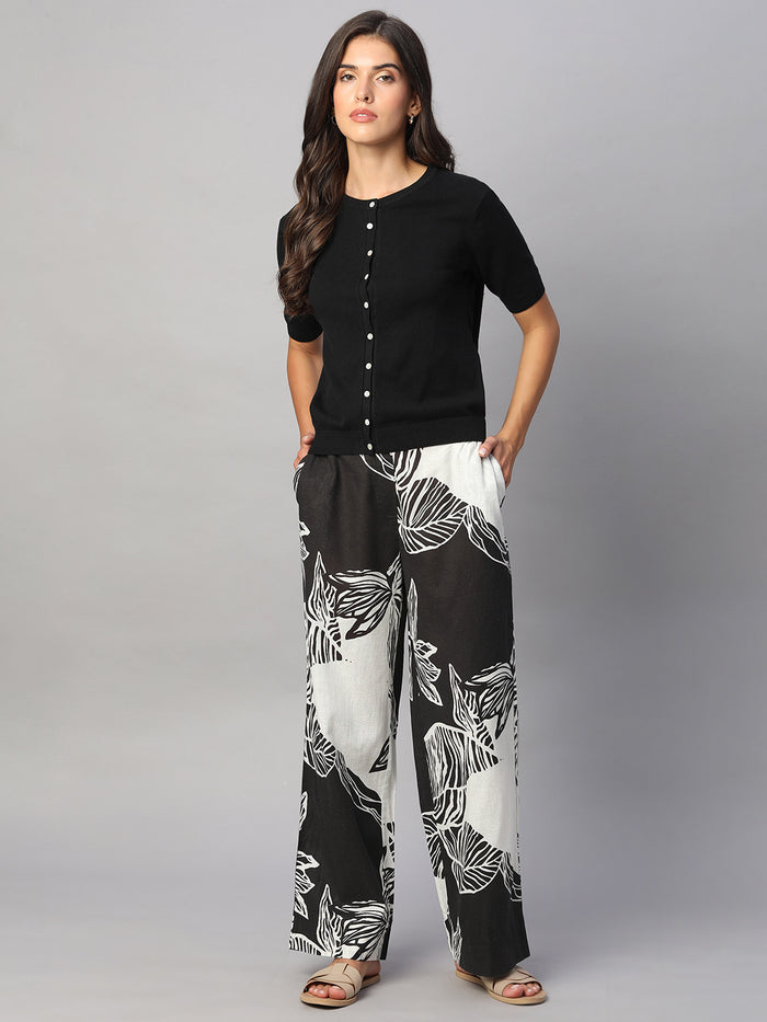 Women's Cotton Flax Regular Fit Pant White/Black
