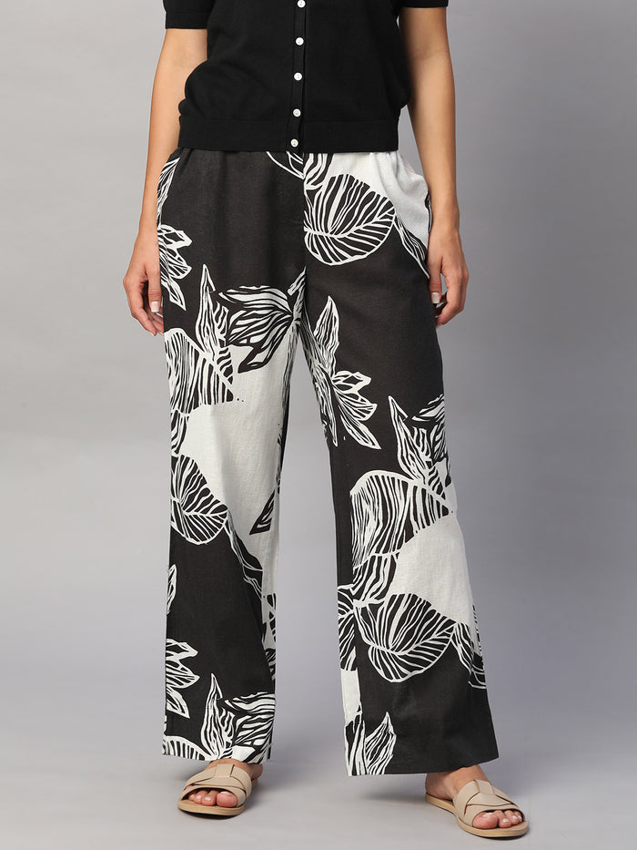 Women's Cotton Flax Regular Fit Pant White/Black