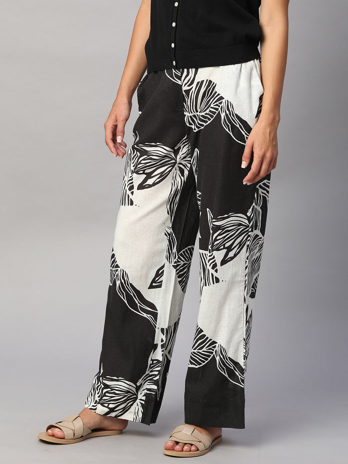 Women's Cotton Flax Regular Fit Pant White/Black