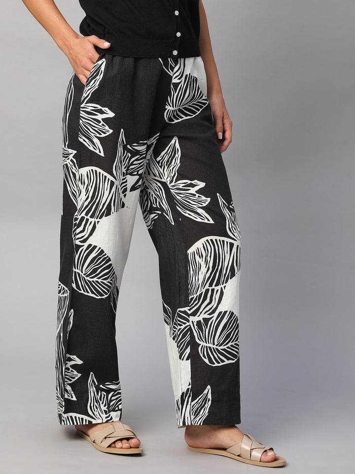 Women's Cotton Flax Regular Fit Pant White/Black