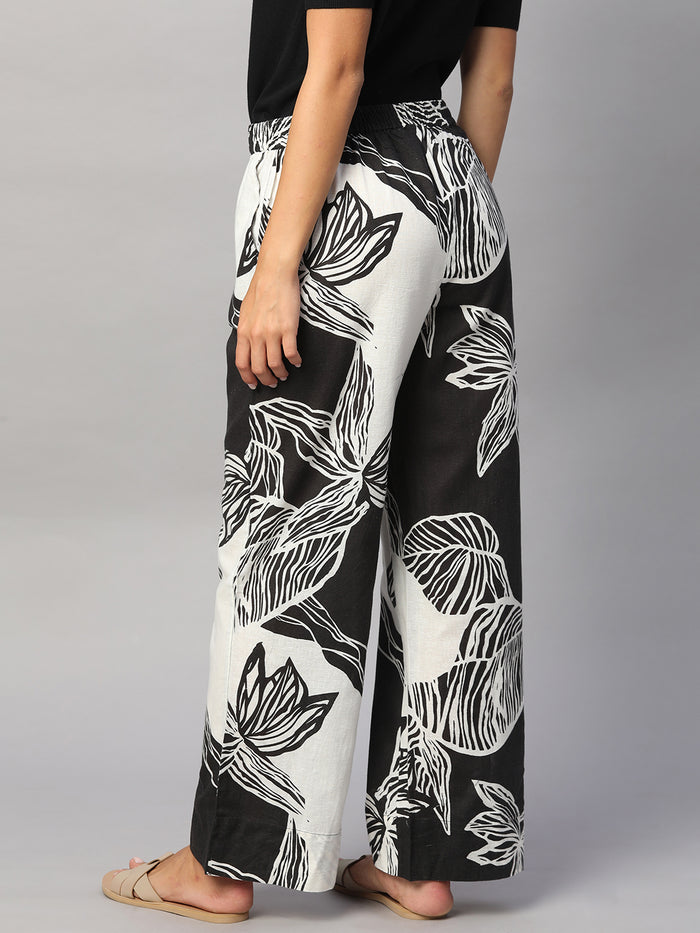 Women's Cotton Flax Regular Fit Pant White/Black