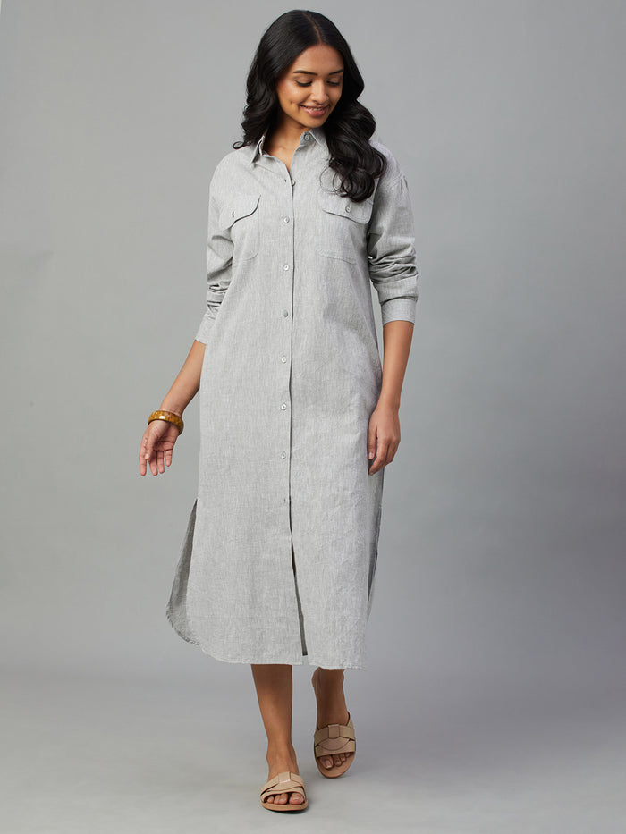 Women's Cotton Linen Regular Fit Dress Grey