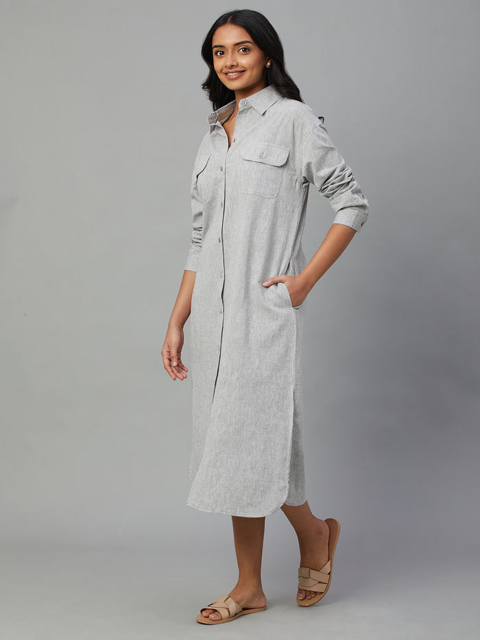Women's Cotton Linen Regular Fit Dress Grey