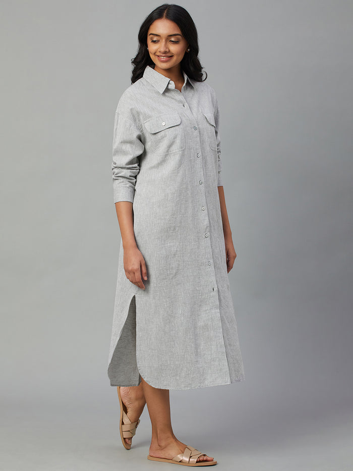 Women's Cotton Linen Regular Fit Dress Grey