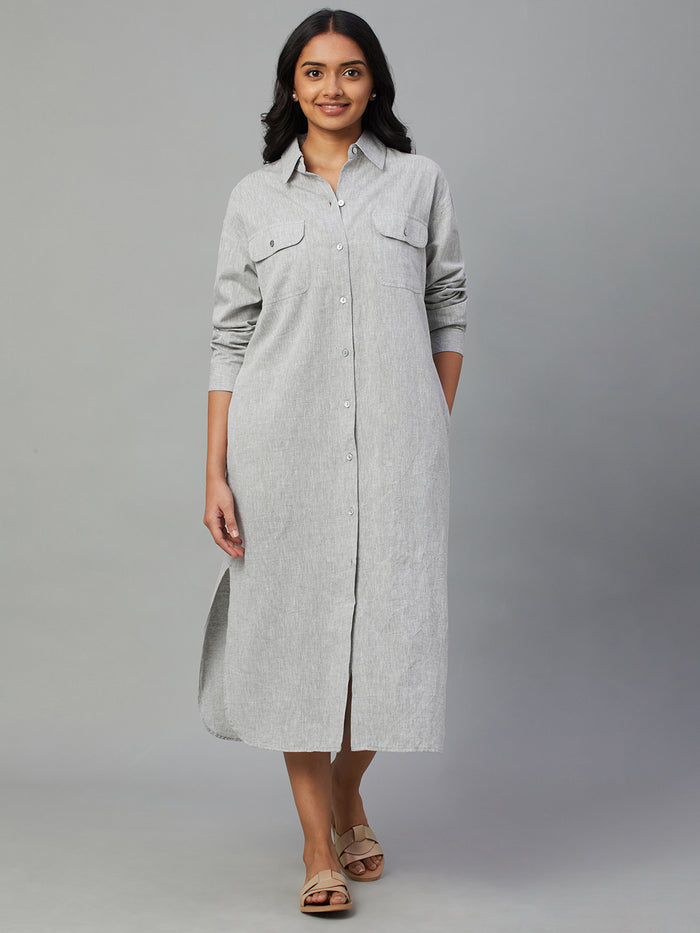 Women's Cotton Linen Regular Fit Dress Grey