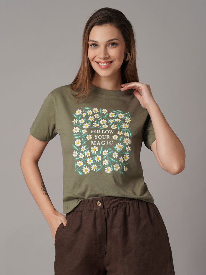 Women's Dk Olive 100% Organic Cotton Regular Fit Tshirt
