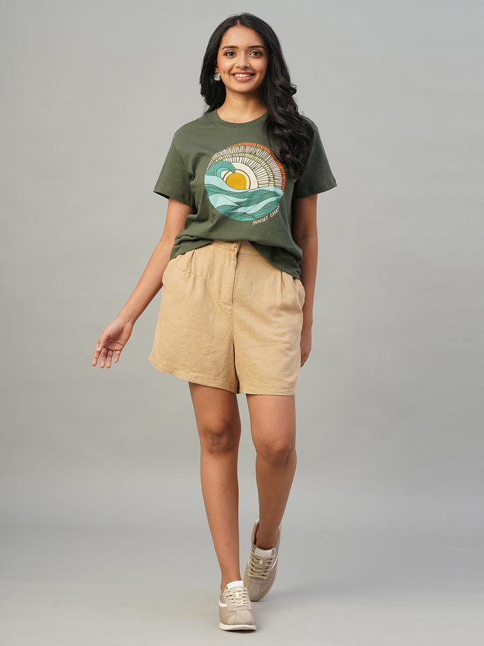 Women's Linen Viscose Regular Fit Shorts Khaki