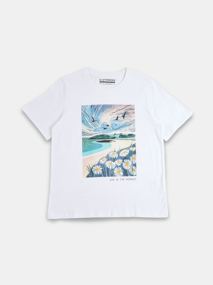 Women's White 100% Organic Cotton Regular Fit Tshirt