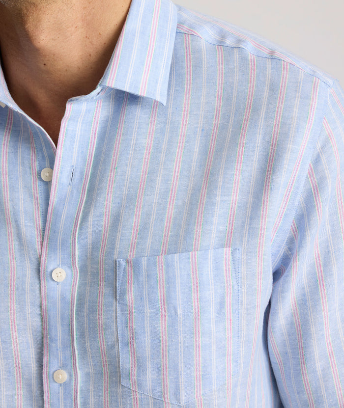 Model is wearing UNTUCKit Boyd  light blue stripe linen shirt.