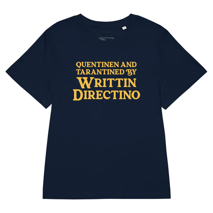 Writtin Directino Women's Tee - The structural layout of a 1994 crime thriller credit sequence rendered in retro marigold yellow (#FDB927) block serifs on midnight obsidian black (#090909) background