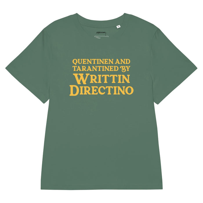 Writtin Directino Women's Tee in Cinematic Marigold on Obsidian. GOTS Certified, OCS Certified, Eco-Certified Inks.