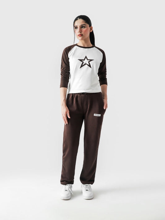 Y2K Star baby tee female model full body front view contrast raglan Pakistan – GROOVY