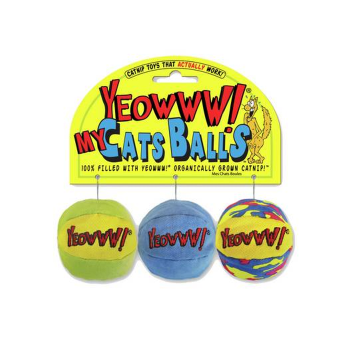 White background with three Yeowww! Cat Ball toys in a row, all different colours, attached to a cardboard tag.