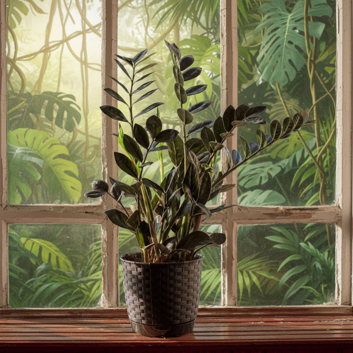 A potted ZZ plant sitting on a wooden windowsill in front of a window.